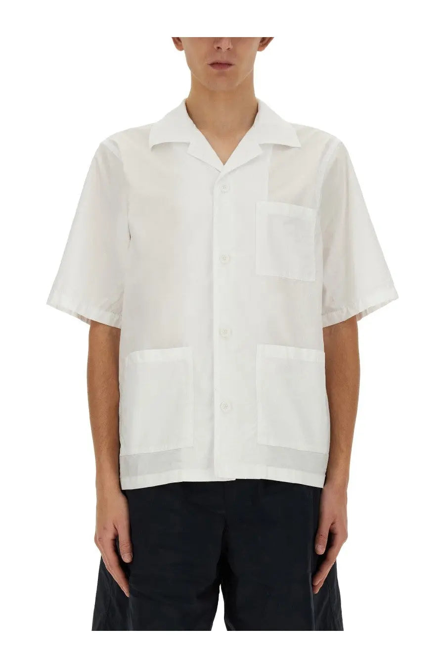 Aspesi men’s white needle shirt short-sleeved button-up with collar and two large patch pockets
