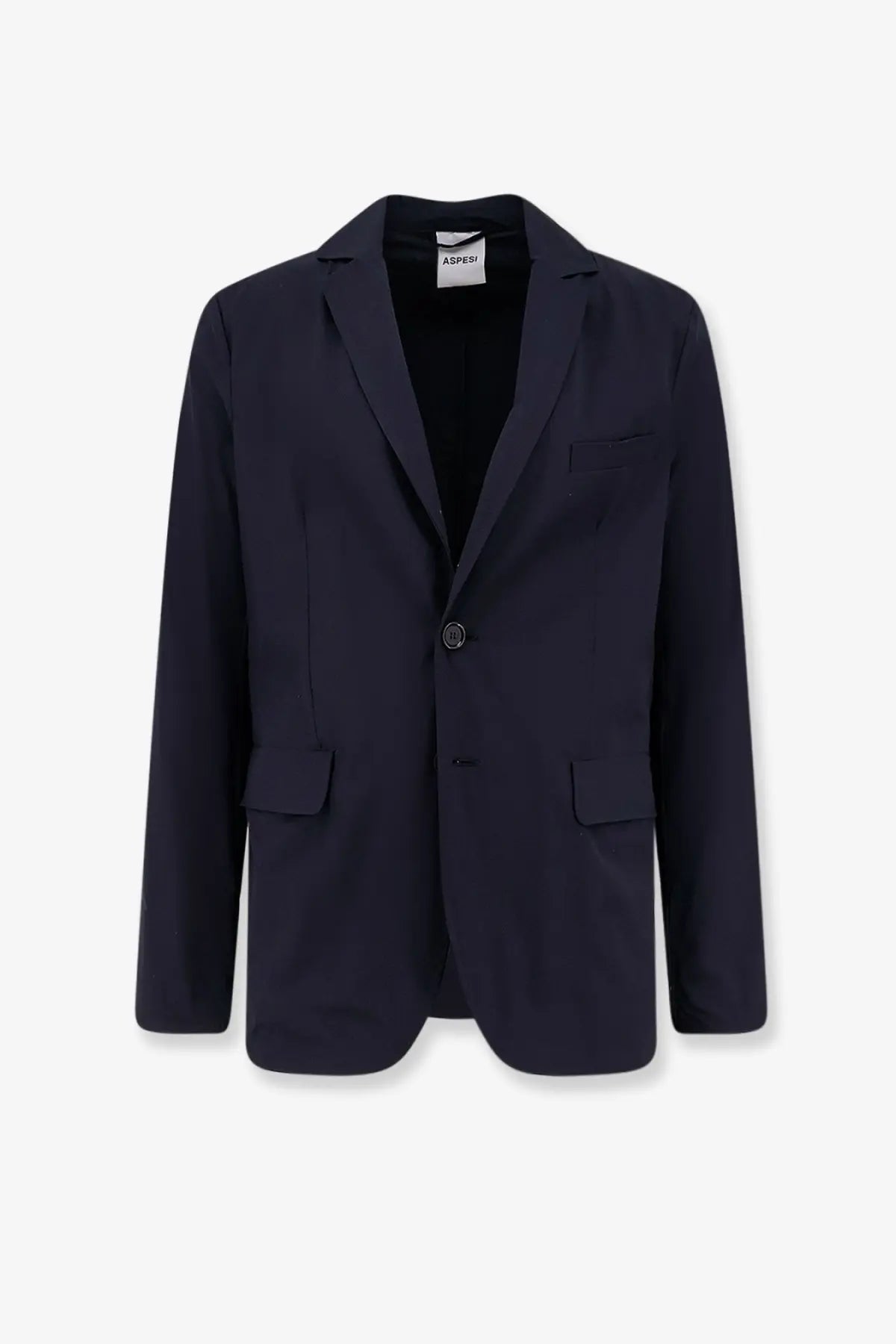 Navy blue aspesi men’s paperino blazer in stretch nylon with single button closure and two flap pockets