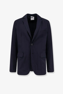 Navy blue aspesi men’s paperino blazer in stretch nylon with single button closure and two flap pockets
