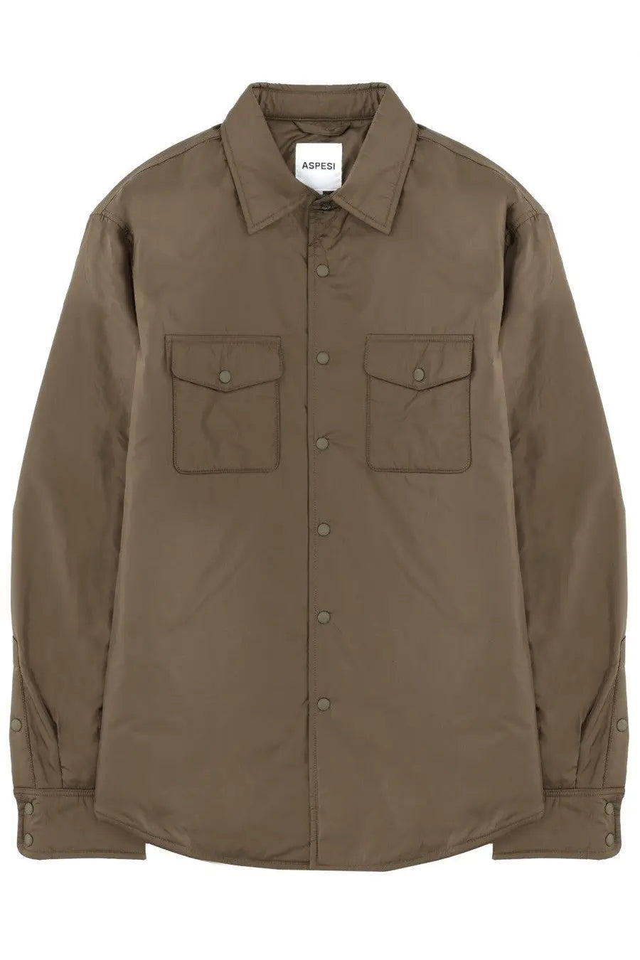 Aspesi men’s plus olive green button-up shirt with two front flap pockets and a classic collar