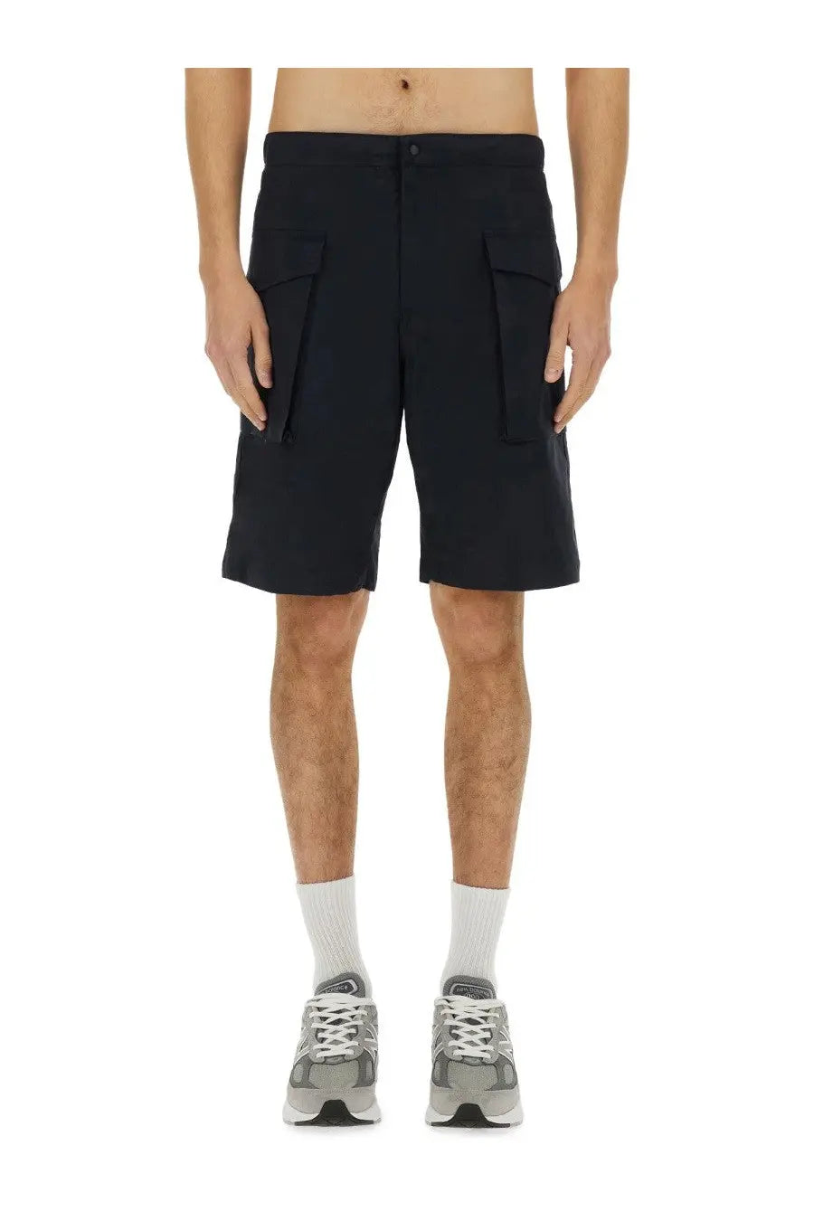 Black aspesi men’s short lou blue cargo shorts with two large side pockets and button closure