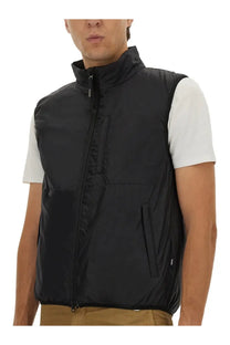 Aspesi men’s sleeveless jil black zip-up puffer vest with high collar and two side pockets for cold weather layering