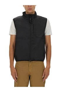 Aspesi men’s sleeveless jil black zip-up vest with high collar and front pocket in lightweight synthetic fabric
