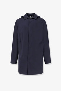 Aspesi men’s stadio hooded waterproof jacket blue with dark navy hooded coat structured collar and front zipper closure