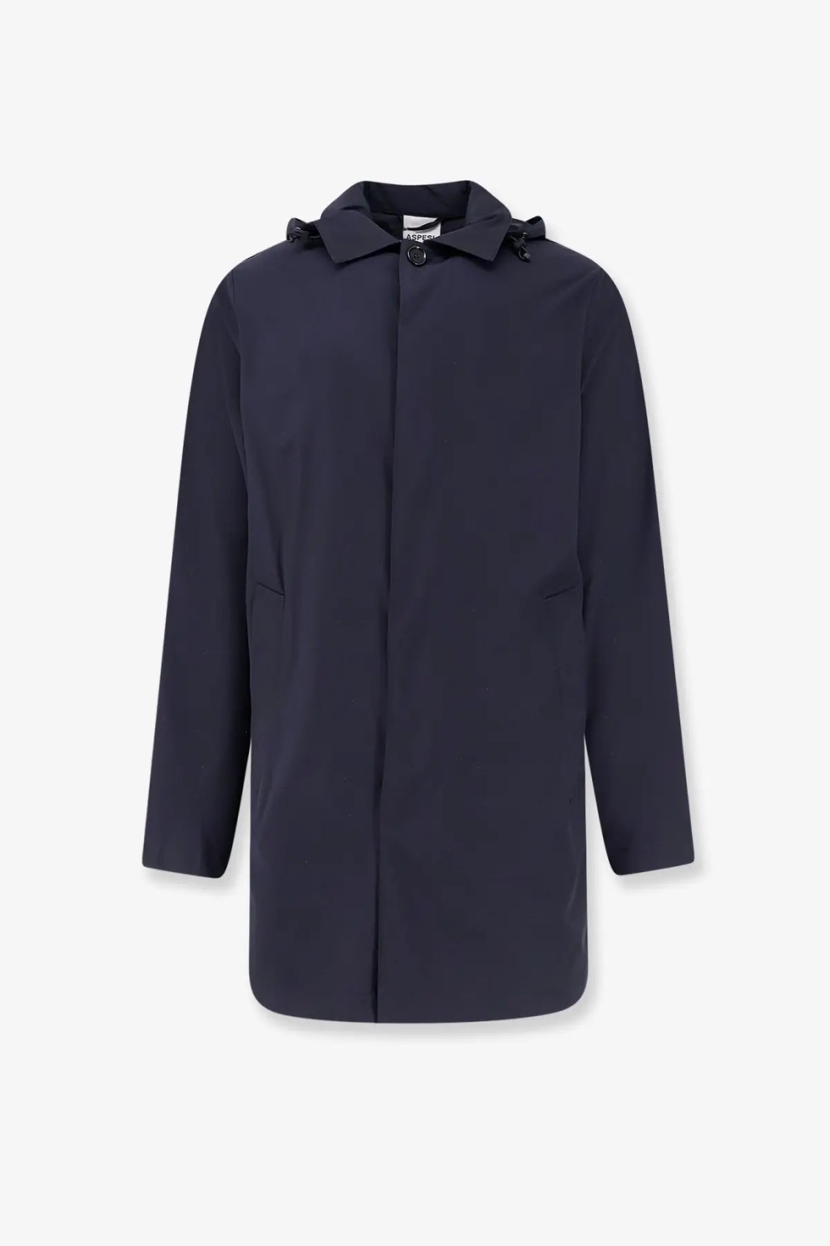 Aspesi men’s stadio hooded waterproof jacket in dark navy with structured collar and front zipper closure