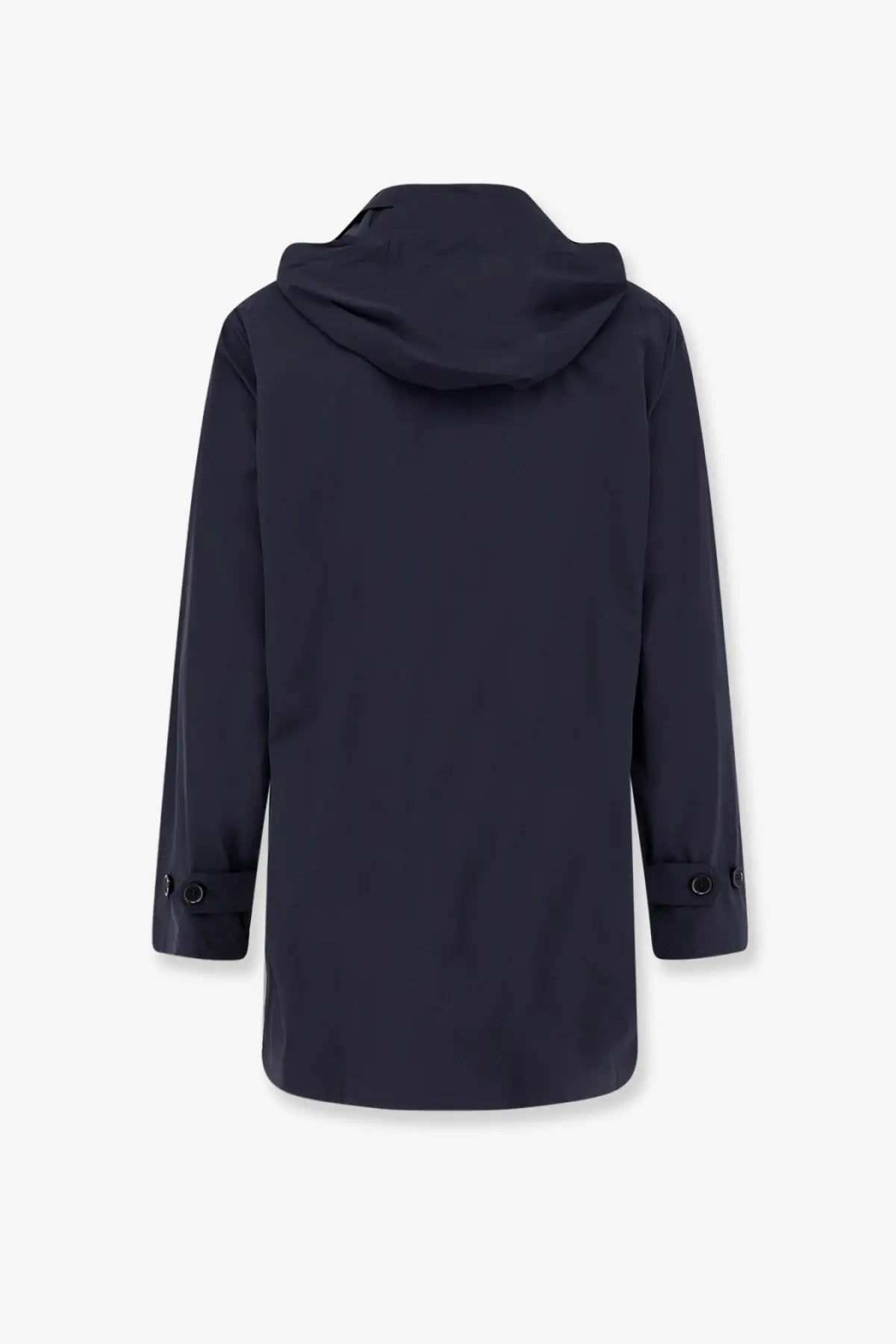Aspesi men’s stadio hooded waterproof jacket in dark navy with sleek design and subtle button cuff details