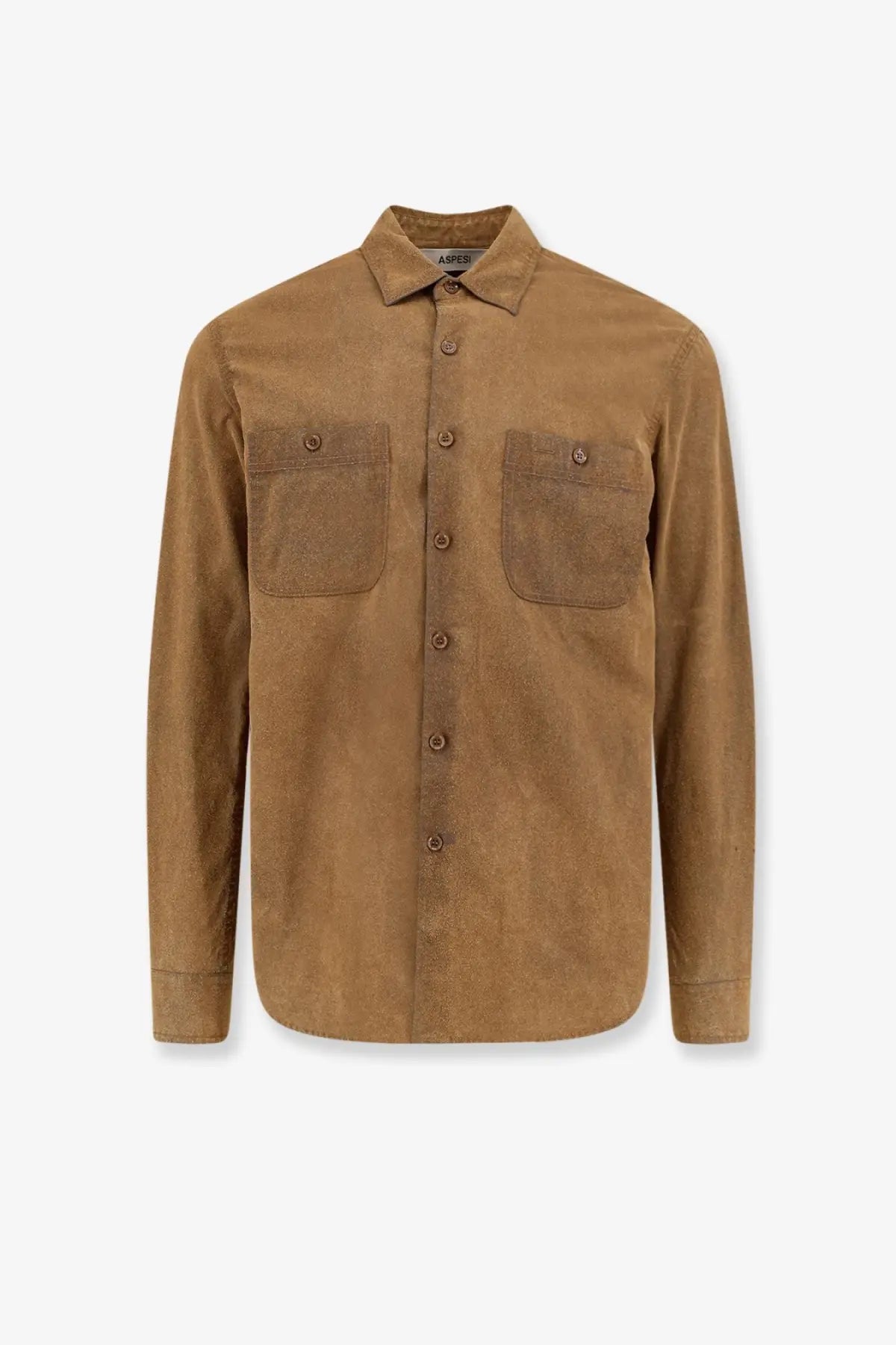 Aspesi men’s suede shirt orange tan button-up with two chest pockets and classic collar