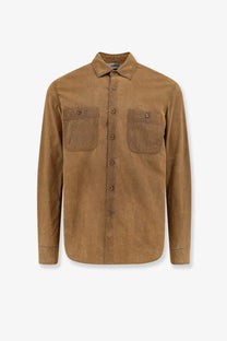 Aspesi men’s suede shirt orange tan button-up with two chest pockets and classic collar