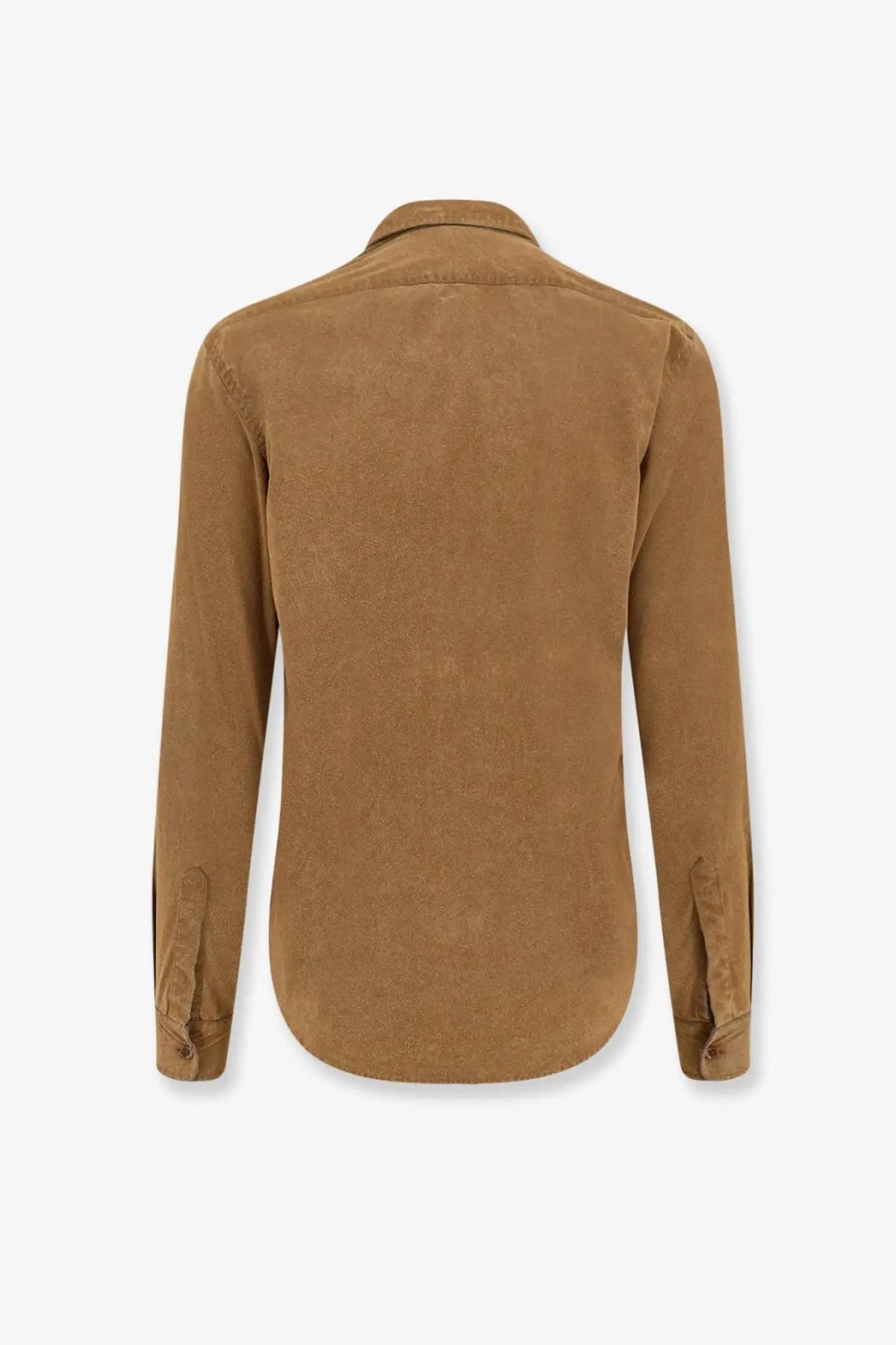Aspesi men’s suede shirt in orange with tan corduroy long sleeves classic collar and buttoned cuffs