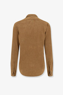 Aspesi men’s suede shirt in orange with tan corduroy long sleeves classic collar and buttoned cuffs