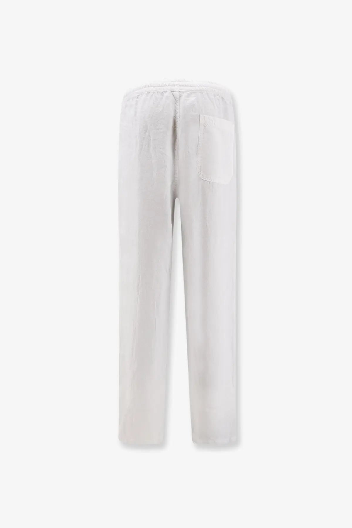 Back view of aspesi men’s ventura white linen trousers with relaxed fit and single back pocket
