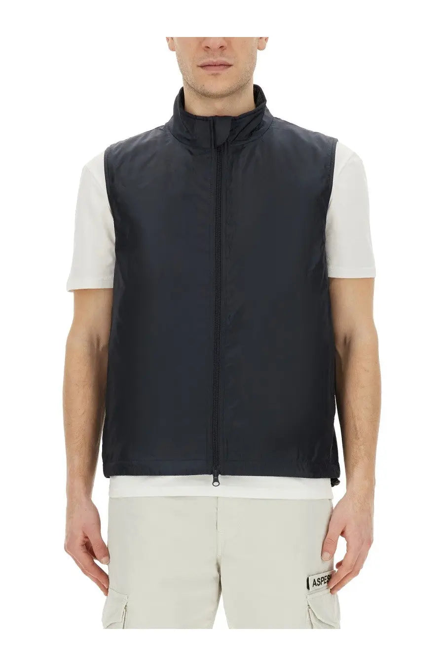 Aspesi men vest vernes blue black zip-up vest with sleek lightweight fabric and subtle branding on lower right side