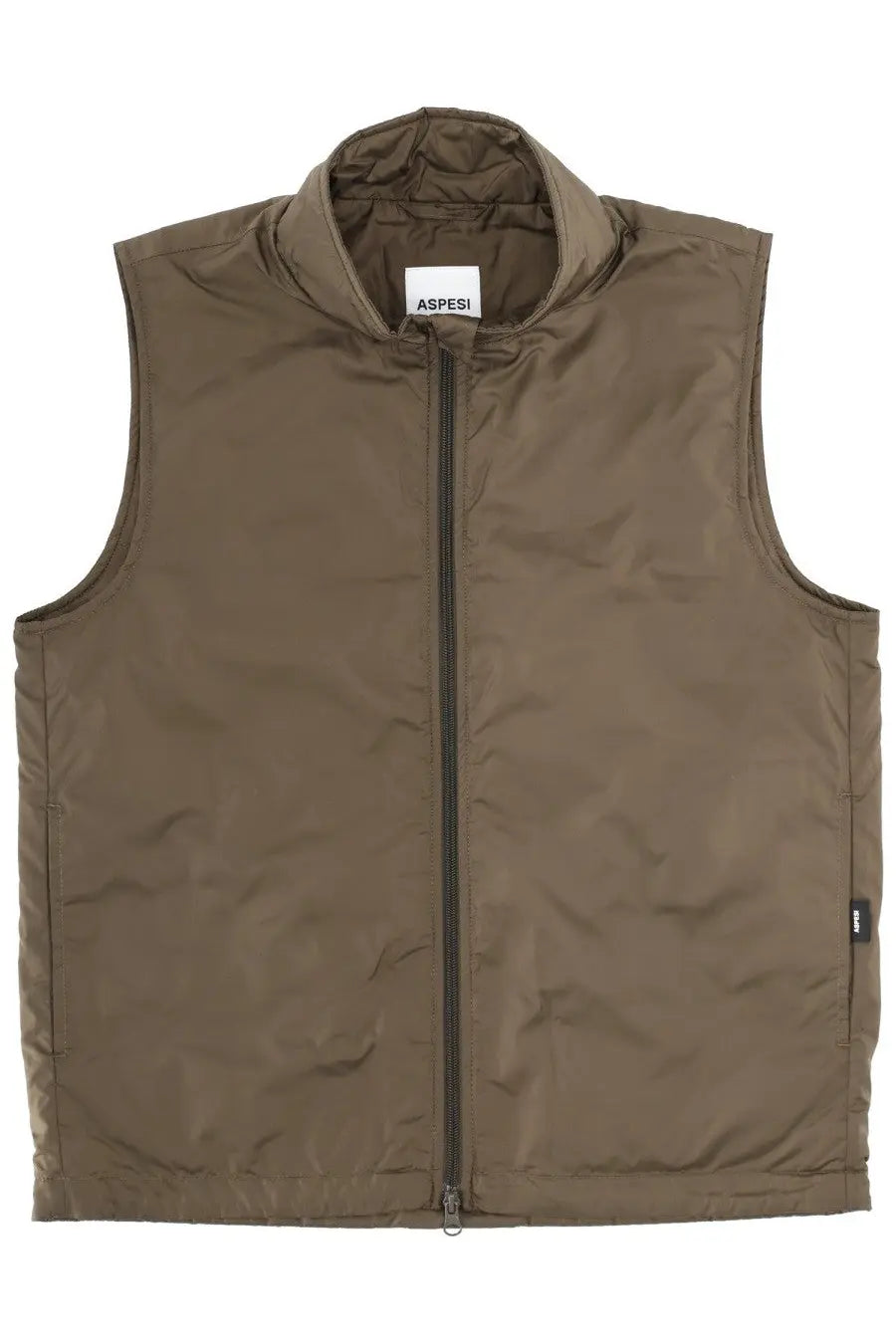 Olive green quilted sleeveless vest with stand-up collar and black zipper by Aspesi for men