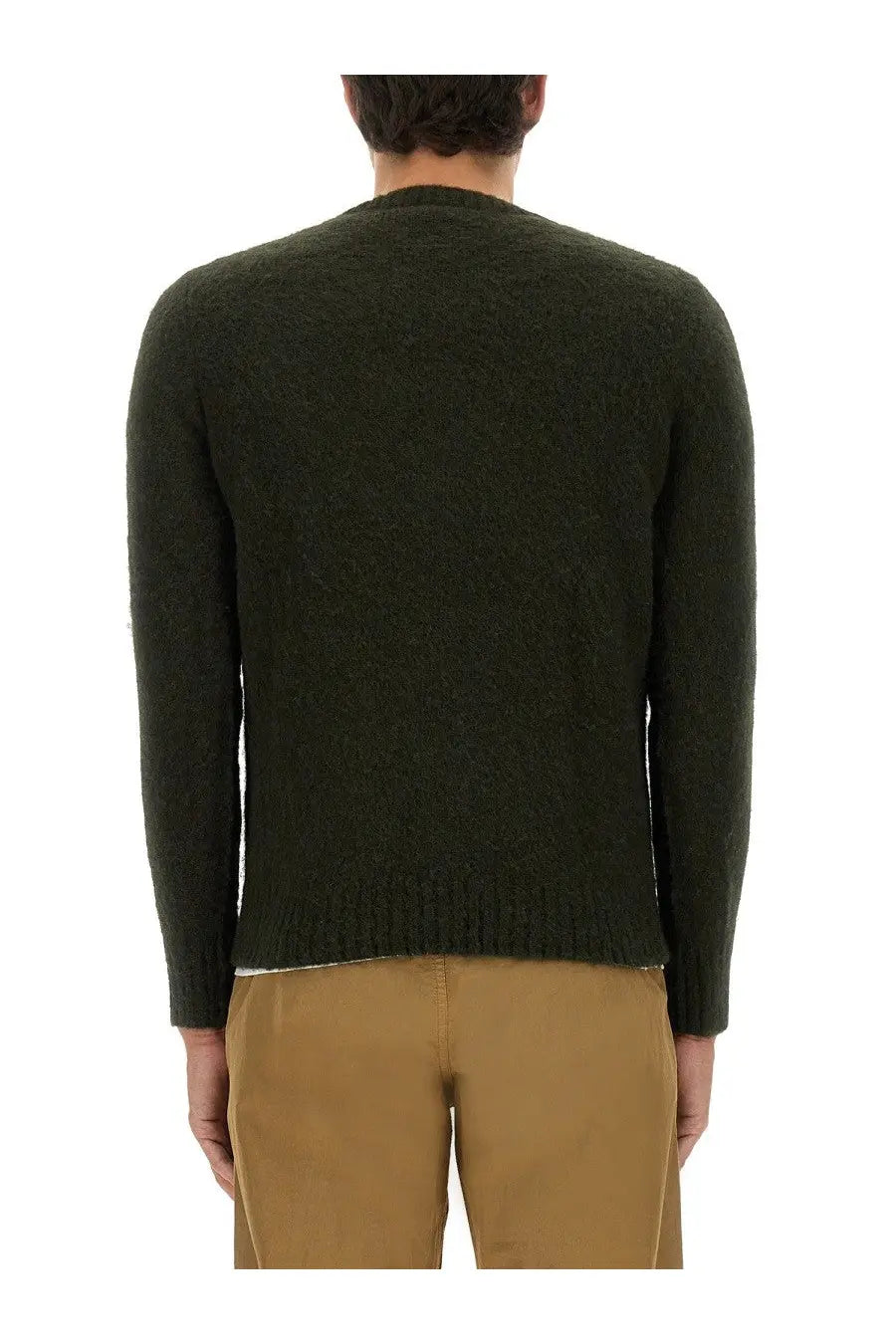 Aspesi men’s wool jersey green dark olive green knitted sweater with ribbed cuffs and hem