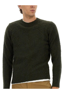 Dark olive green textured knit wool sweater with ribbed cuffs and hem aspesi men’s wool jersey green