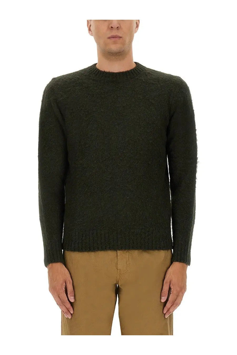 Aspesi men’s wool jersey green dark olive green textured knit sweater with ribbed crew neckline and cuffs