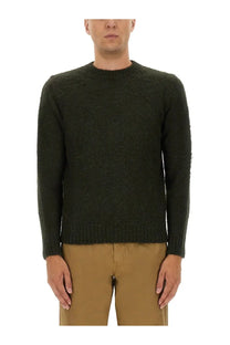 Aspesi men’s wool jersey green dark olive green textured knit sweater with ribbed crew neckline and cuffs