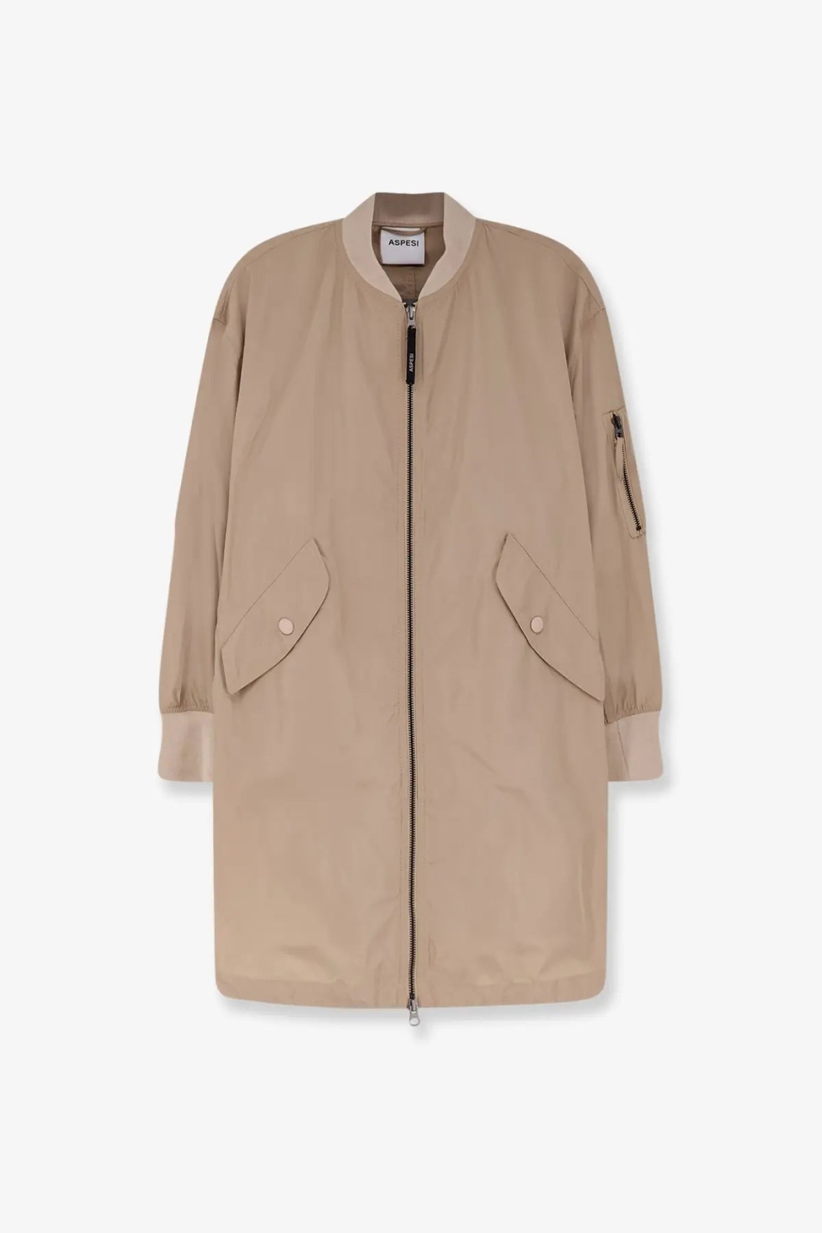 Aspesi women’s beige bomber nylon jacket with ribbed collar cuffs front zipper and two flap pockets with buttons