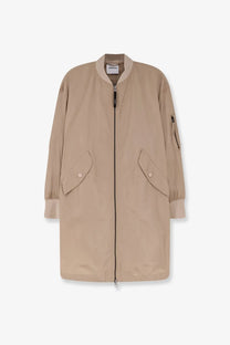 Aspesi women’s beige bomber nylon jacket with ribbed collar cuffs front zipper and two flap pockets with buttons