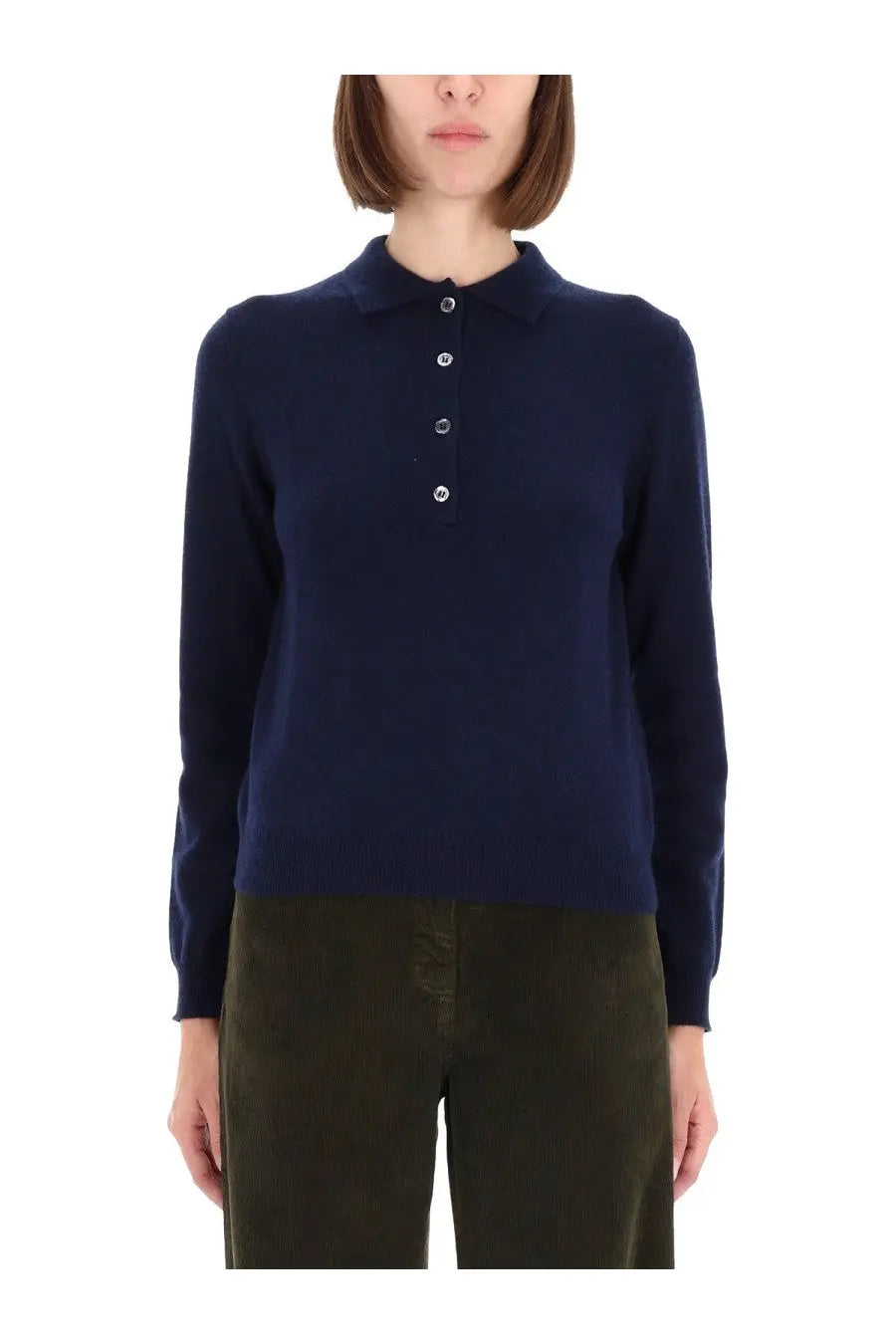 Aspesi women’s navy blue long-sleeved cashmere polo shirt with silver buttons and knit texture