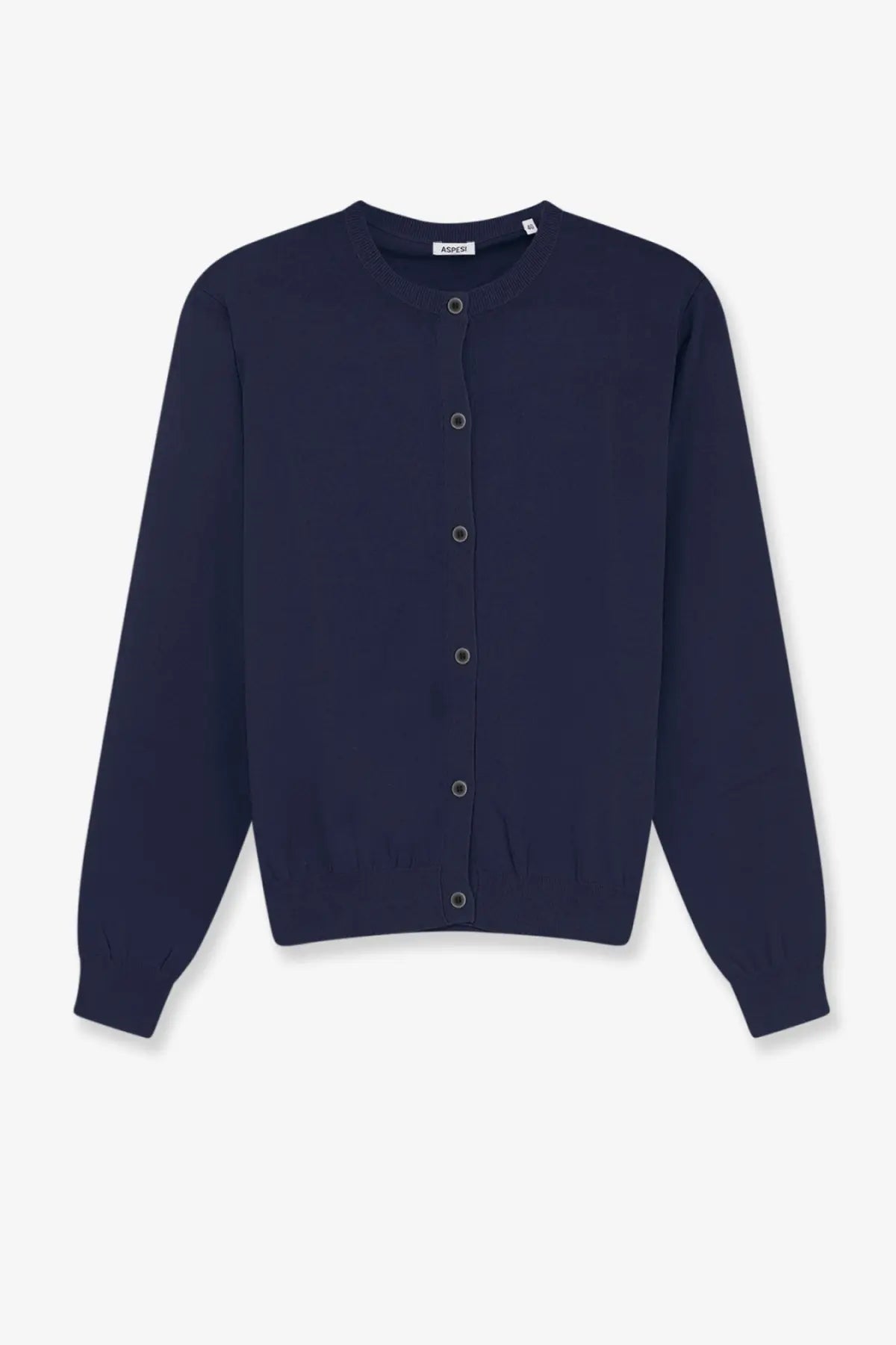 Aspesi women’s navy blue cotton knit cardigan with round neckline and silver buttons