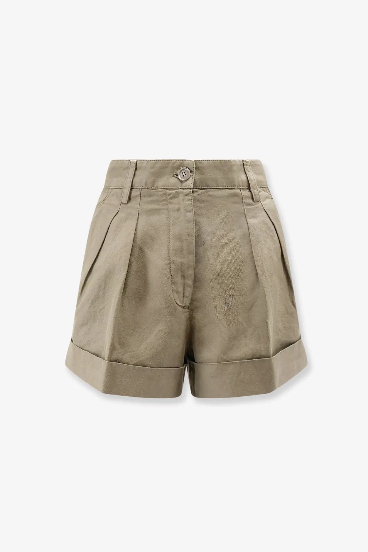 Aspesi women’s khaki cotton and linen pleated shorts with rolled cuffs and button closure in beige color