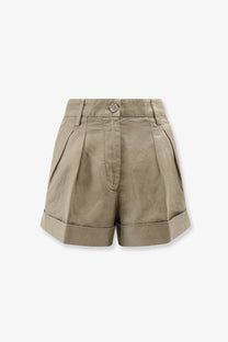 Aspesi women’s khaki cotton and linen pleated shorts with rolled cuffs and button closure in beige color