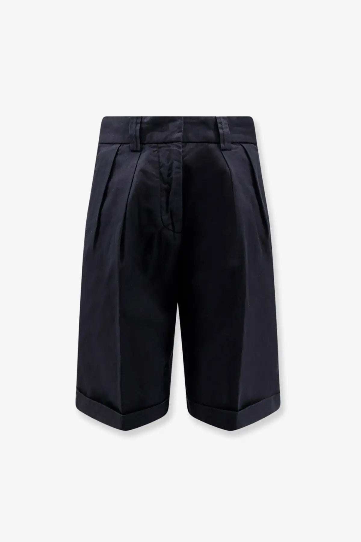Black pleated shorts with tailored waistband and rolled cuffs made from cotton and linen by aspesi womenswear