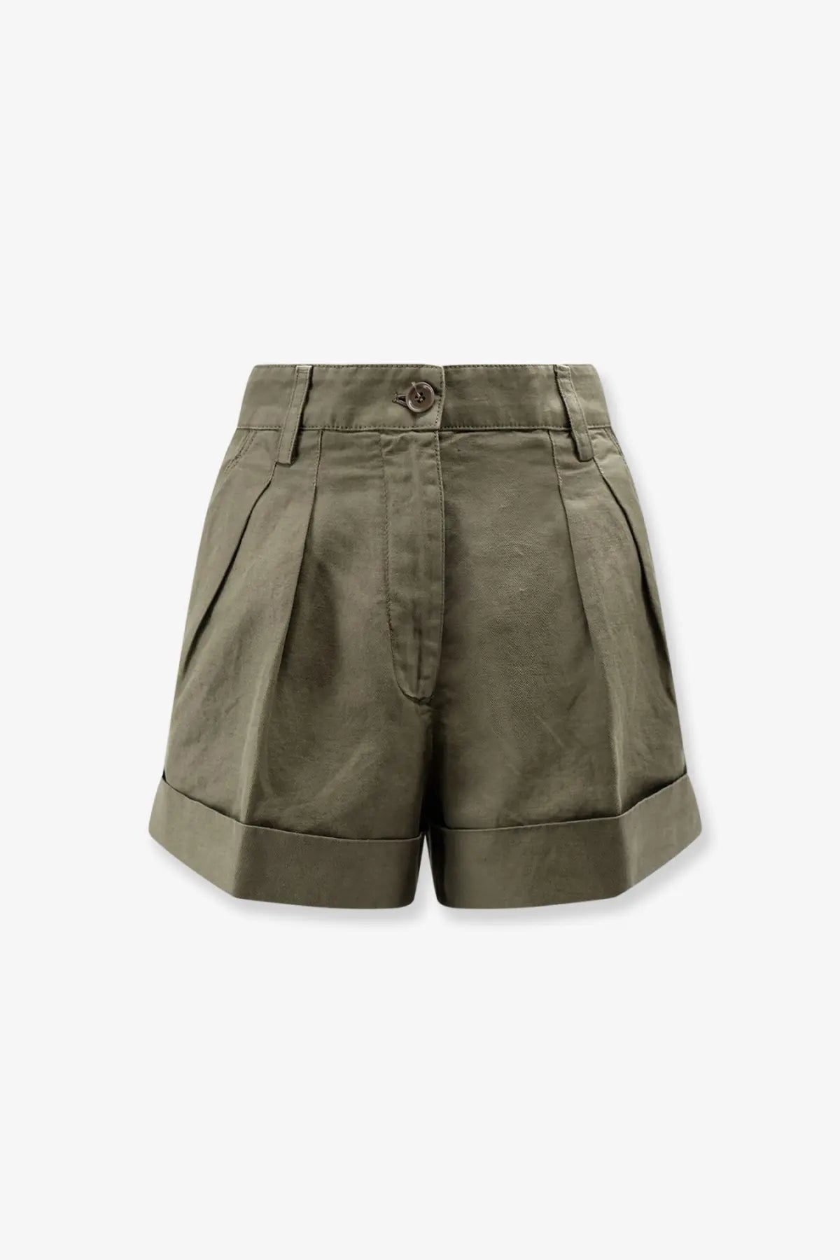Olive green aspesi women’s cotton and linen pleated shorts with rolled cuffs and button closure