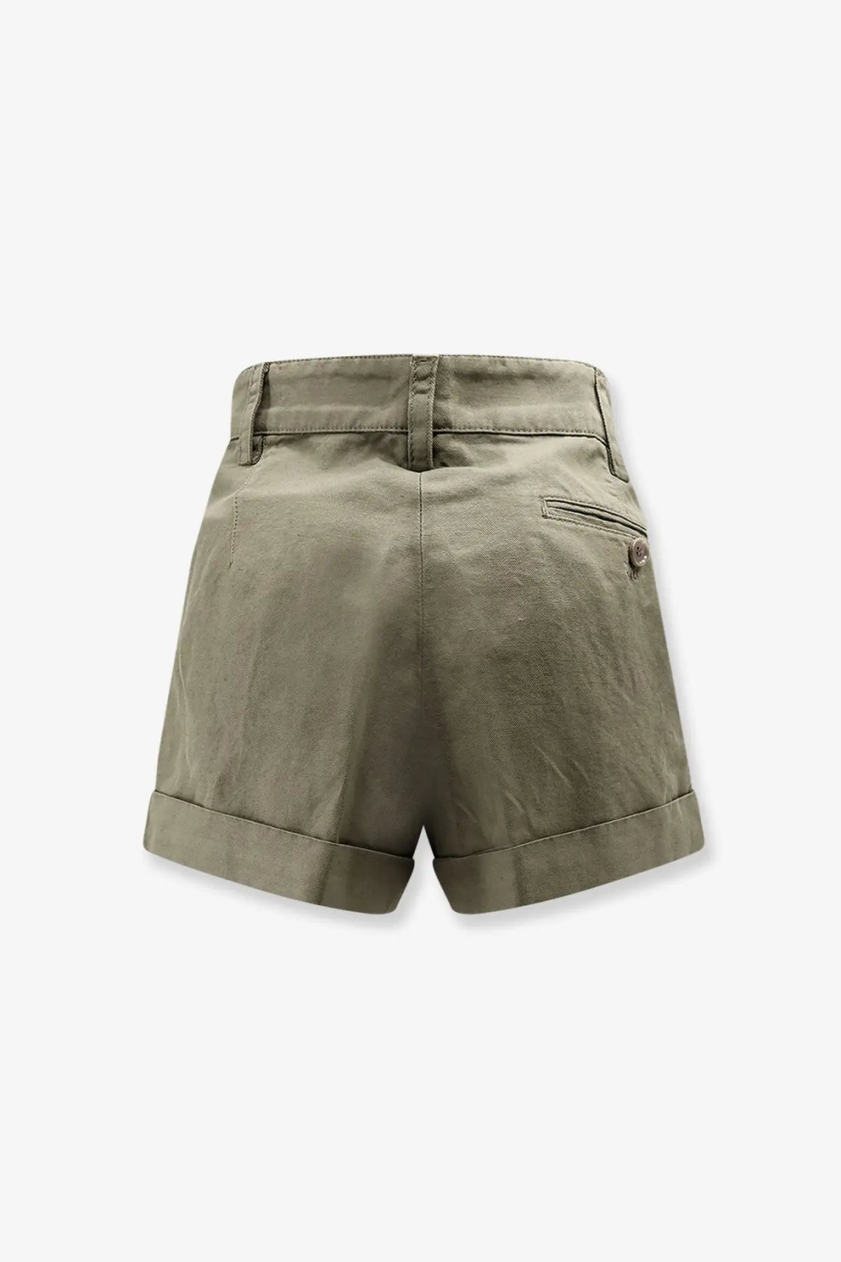 Olive green aspesi women’s cotton and linen shorts with rolled cuffs and a back pocket shown from the back side