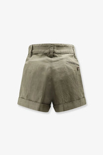 Olive green aspesi women’s cotton and linen shorts with rolled cuffs and a back pocket shown from the back side