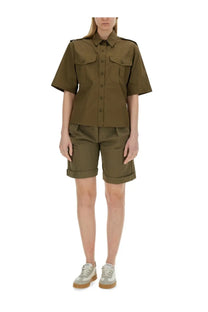 Aspesi women’s olive green cotton short-sleeved button-up shirt with two chest pockets and rolled cuffs