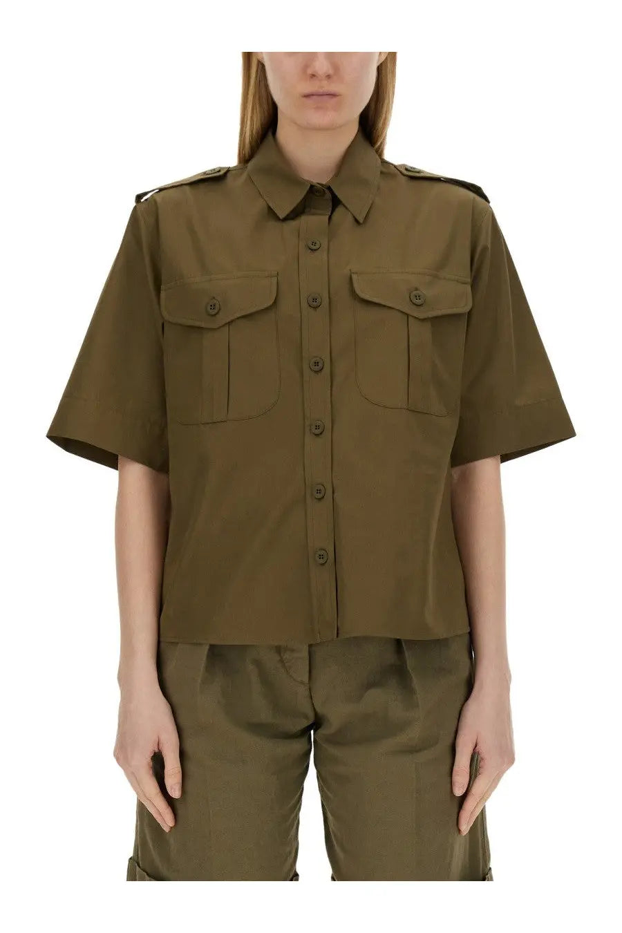 Olive green aspesi women’s cotton short-sleeved military-style shirt with button-up front chest pockets and epaulets