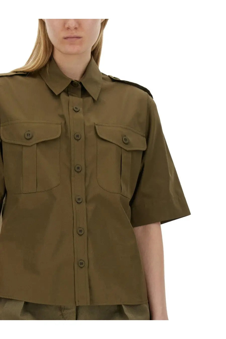 Aspesi women’s cotton olive green short-sleeved military-style shirt with buttoned chest pockets and matching buttons