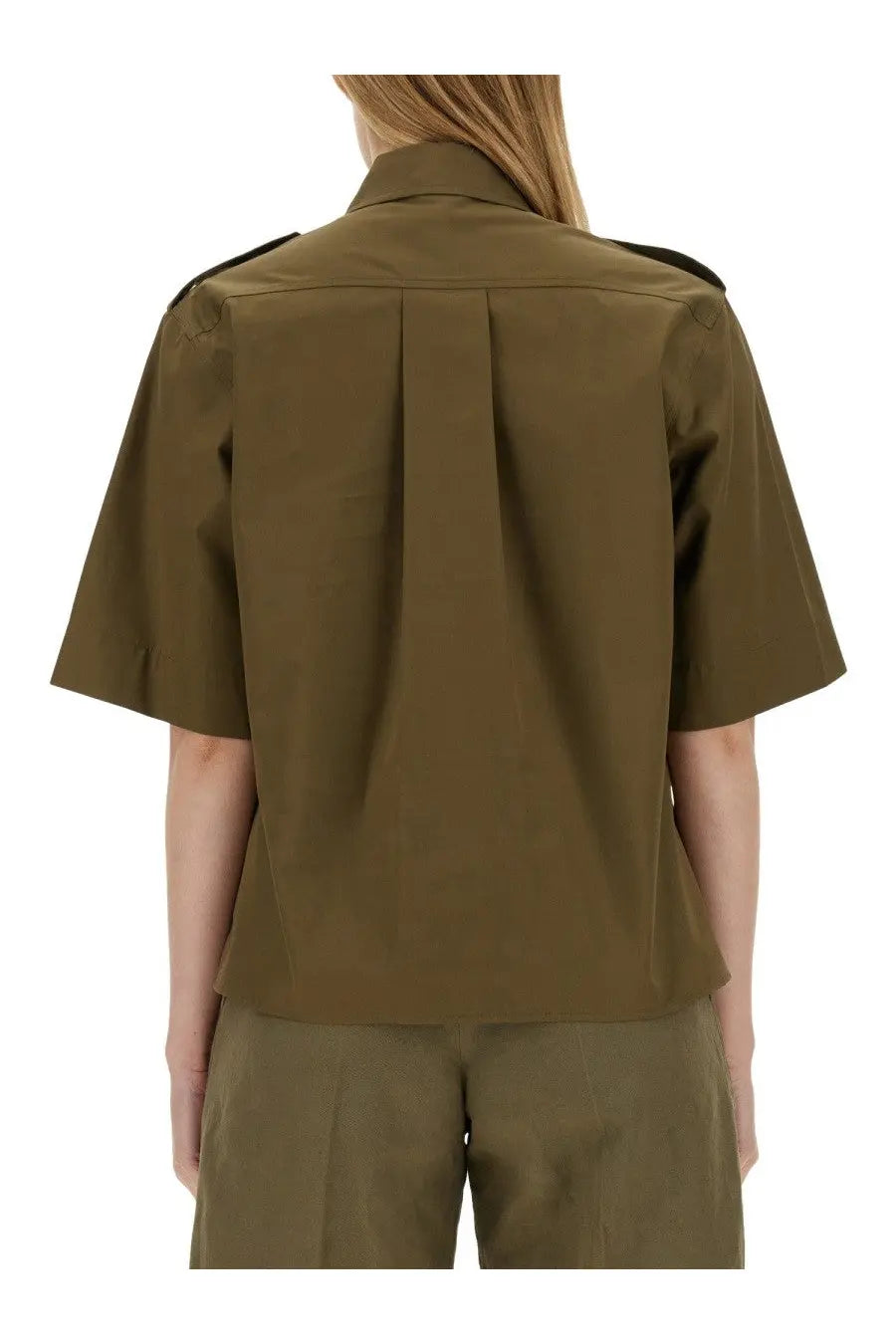 Olive green aspesi women’s cotton shirt with structured shoulders collar and short sleeves front view