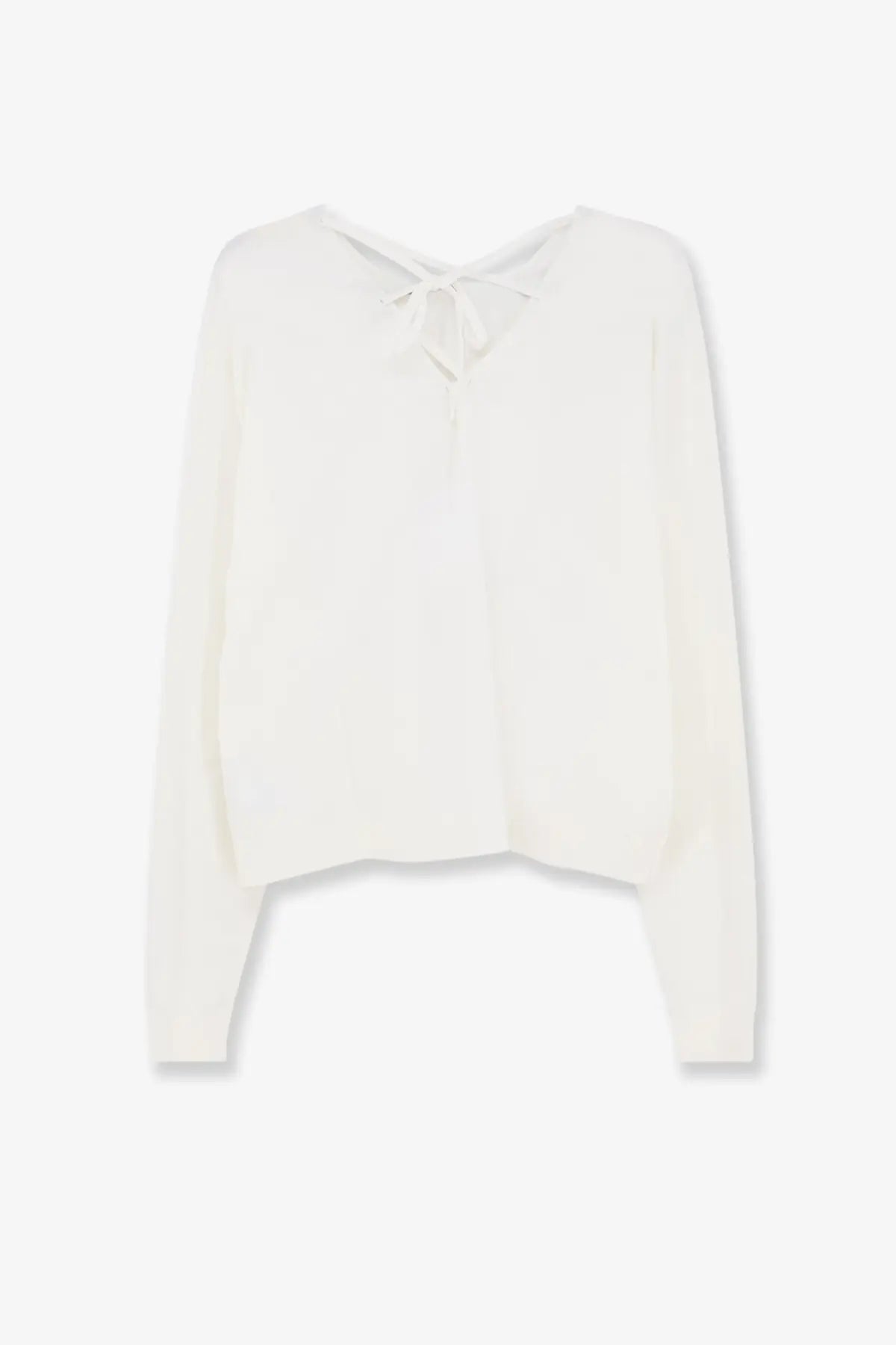 Aspesi women’s cotton sweater white shown from the back with a soft off-white silk blouse featuring a delicate back tie and long sleeves