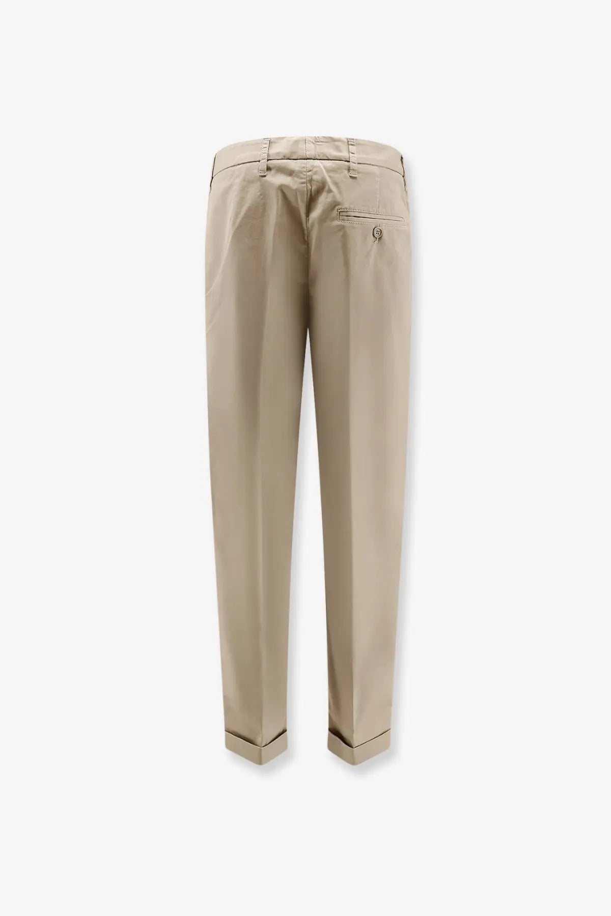 Beige aspesi women’s cotton chino trousers with subtle back pleat and rolled cuffs in coloniale style visible from back