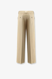Beige aspesi women’s cotton wide-leg trousers with tailored fit and button details on back pockets shown from back