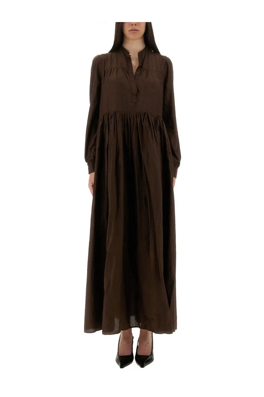 Aspesi women’s mod2934 brown dress with long sleeves gathered waist and subtle ruching at the neckline