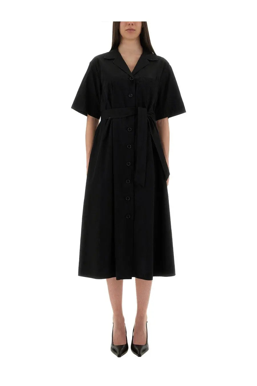 Aspesi women’s black short-sleeved button-down midi dress with tied waistband made from lightweight fabric
