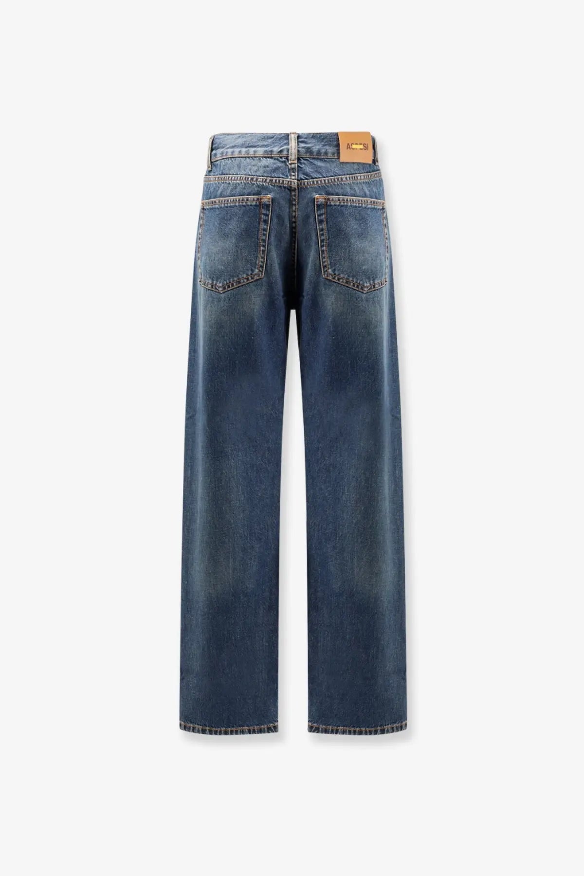 Back side of aspesi women’s blue denim five pockets jeans with faded wash and classic pockets design