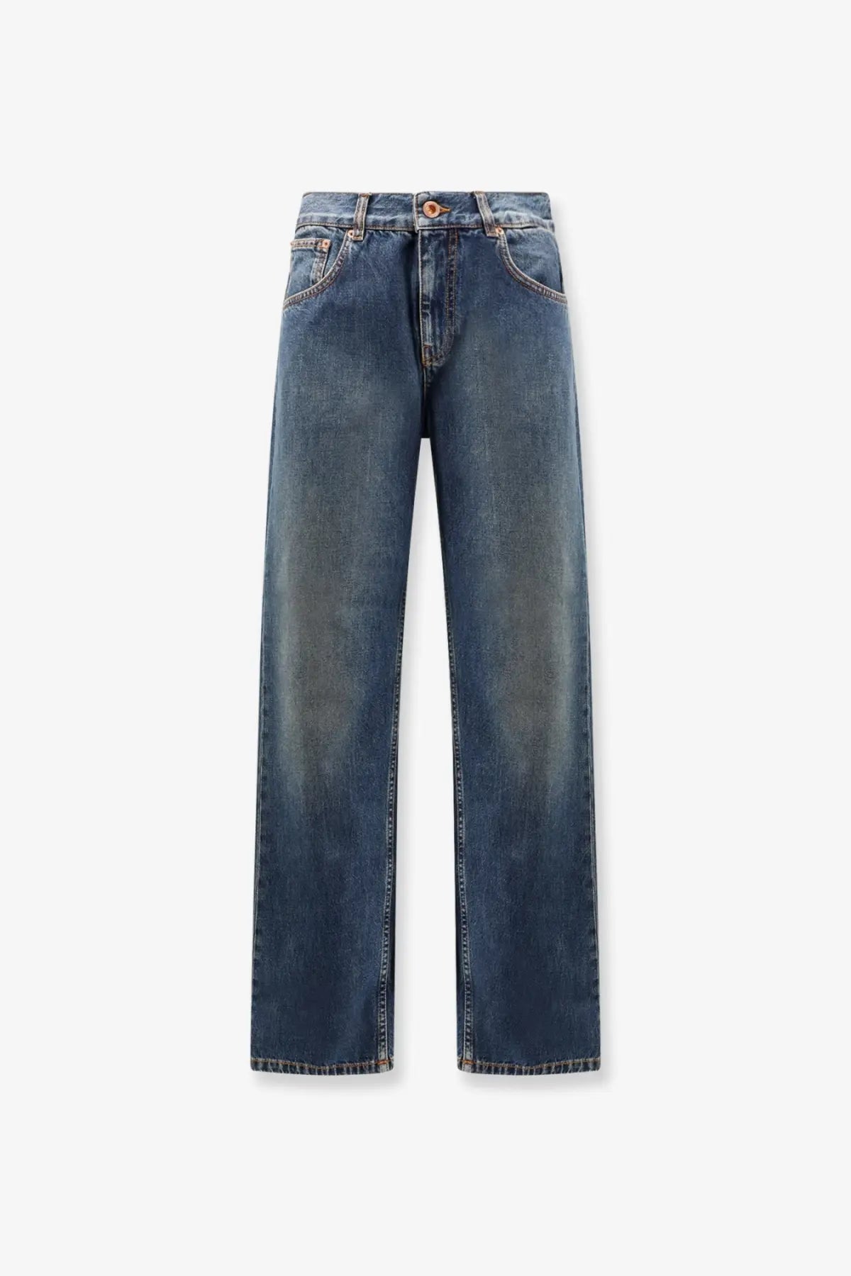 Aspesi women’s high-waisted straight-leg five pockets denim jeans in medium blue with subtle fading and reinforced stitching