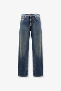 Aspesi women’s high-waisted straight-leg five pockets denim jeans in medium blue with subtle fading and reinforced stitching