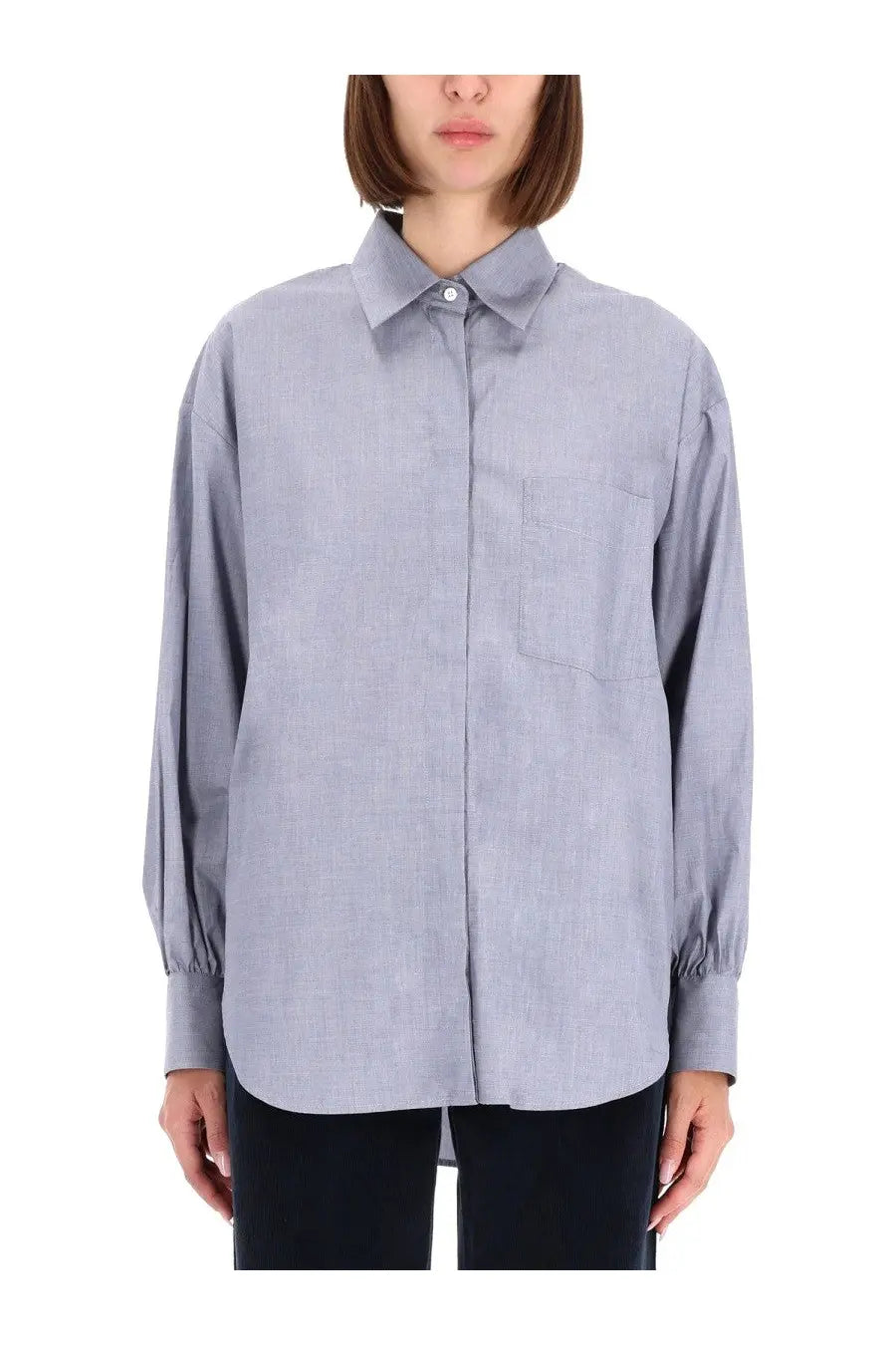 Aspesi women’s high collar light blue linen shirt with subtle texture and button-down front