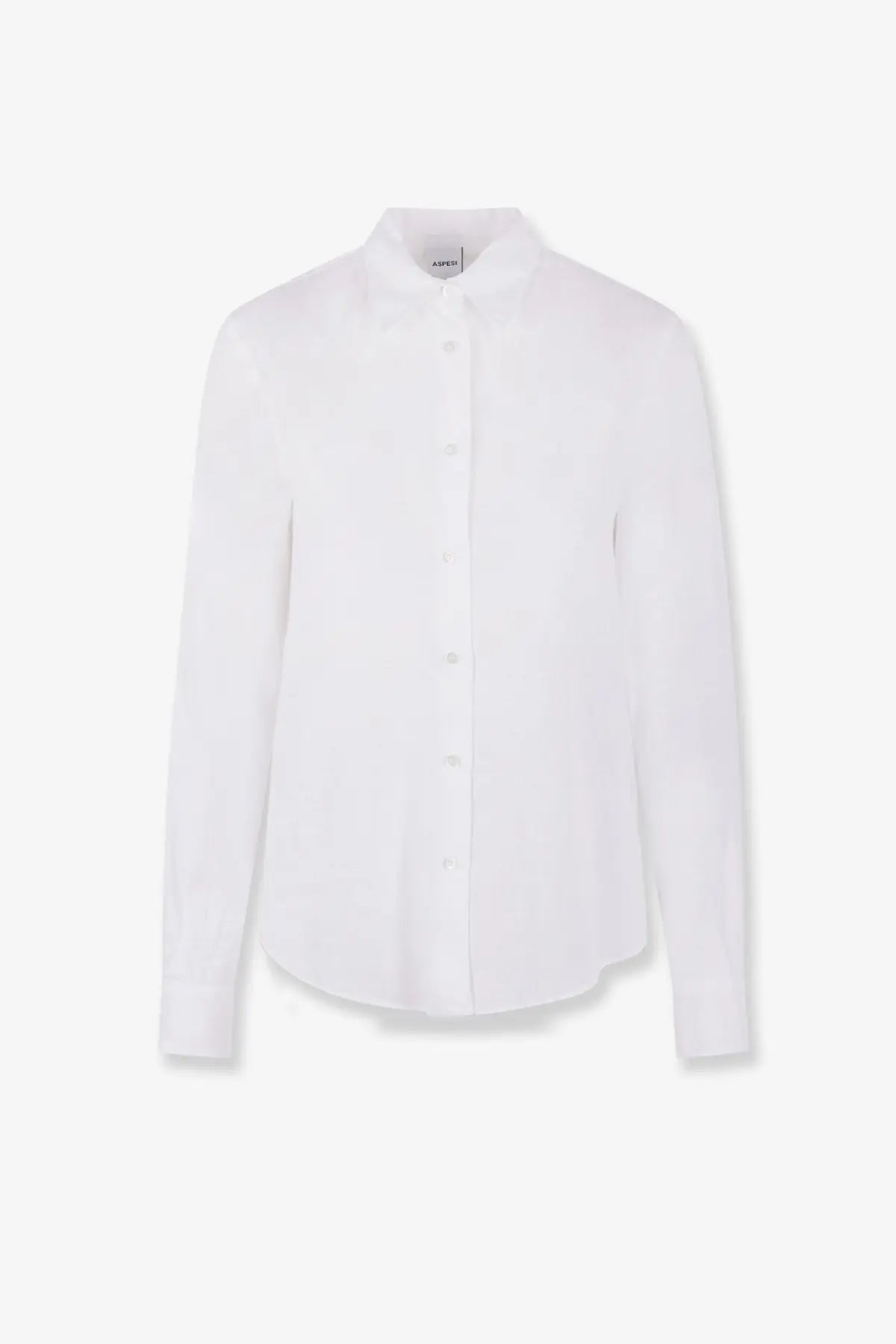 Aspesi women’s linen shirt white with a crisp white button-down blouse, classic collar, and long sleeves from smooth fabric
