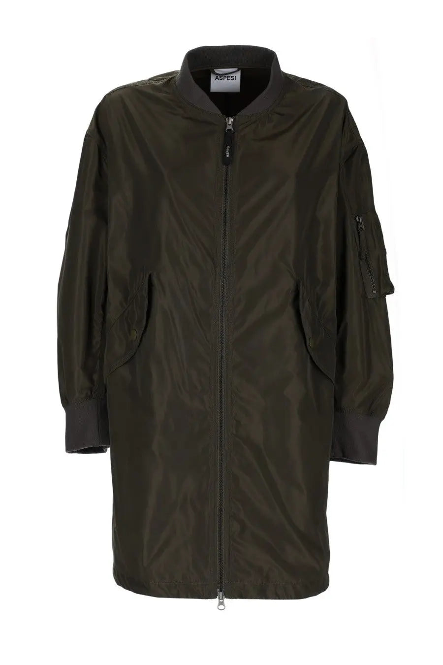 Aspesi women’s long bomber jacket in dark olive green with matte finish ribbed cuffs and collar