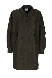Aspesi women’s long bomber jacket in dark olive green with matte finish ribbed cuffs and collar
