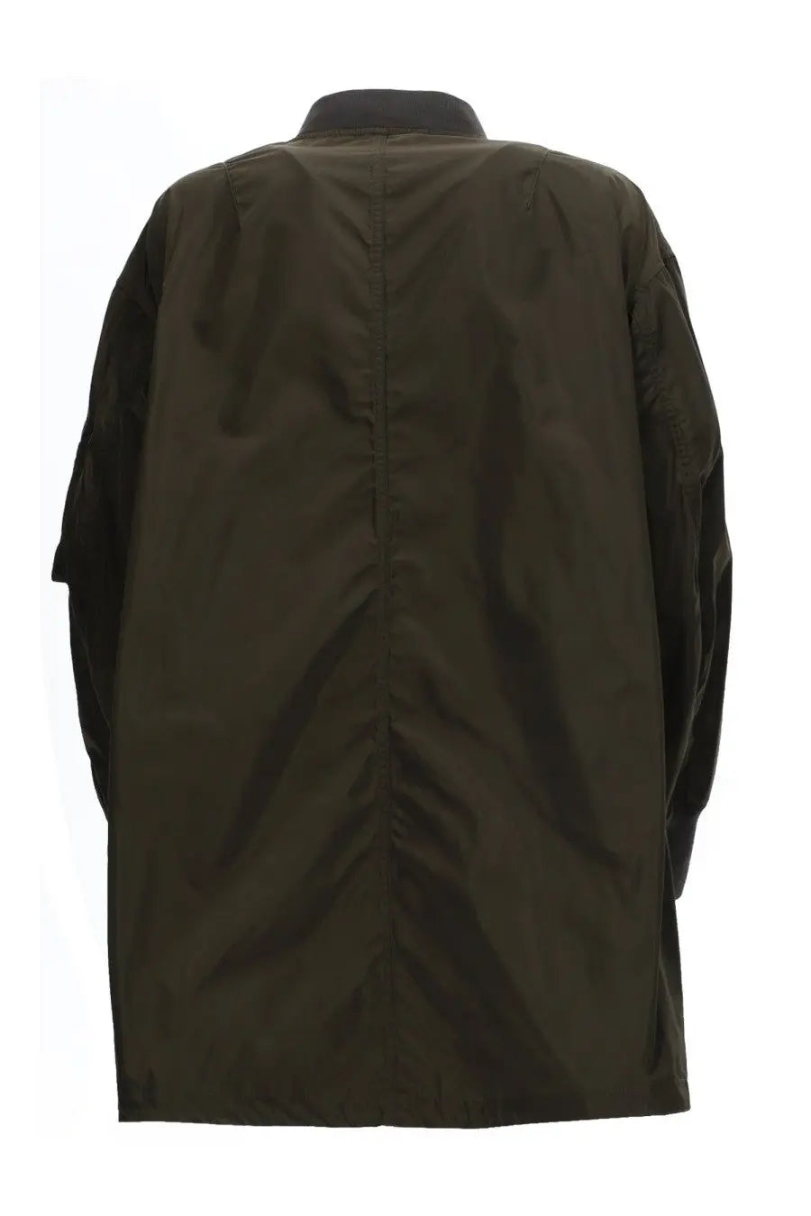 Aspesi women’s long bomber jacket in dark olive green with black contrast sleeves and collar for casual wear