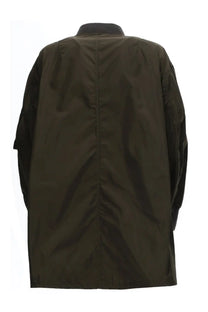 Aspesi women’s long bomber jacket in dark olive green with black contrast sleeves and collar for casual wear