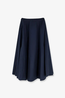 Aspesi women’s long cotton skirt in navy blue features a high-waisted a-line silhouette with subtle pleats